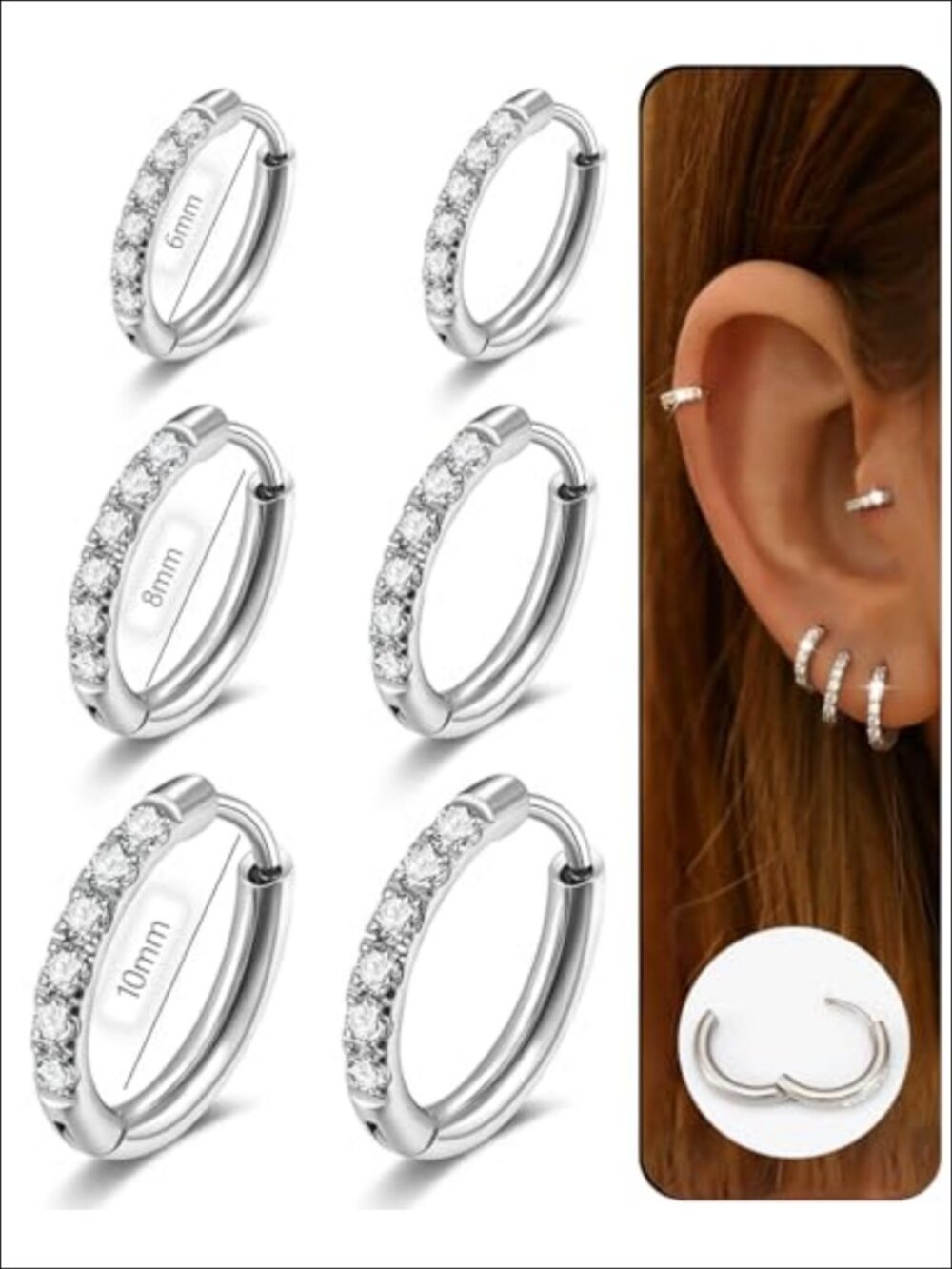 CZ Huggie Hoop Earrings Set, Stainless Steel, 3 Pairs, 6/8/10mm